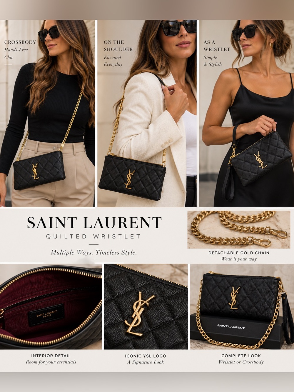 Source Unknown Black Quilted Wristlet with Gold Logo Hardware